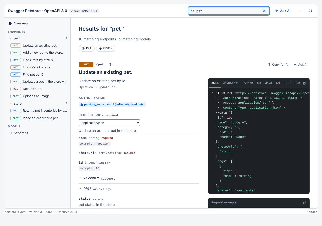 Search results in Apifolio with matching endpoints and data models, an endpoint with Copy for AI and Ask AI buttons, and a cURL sample